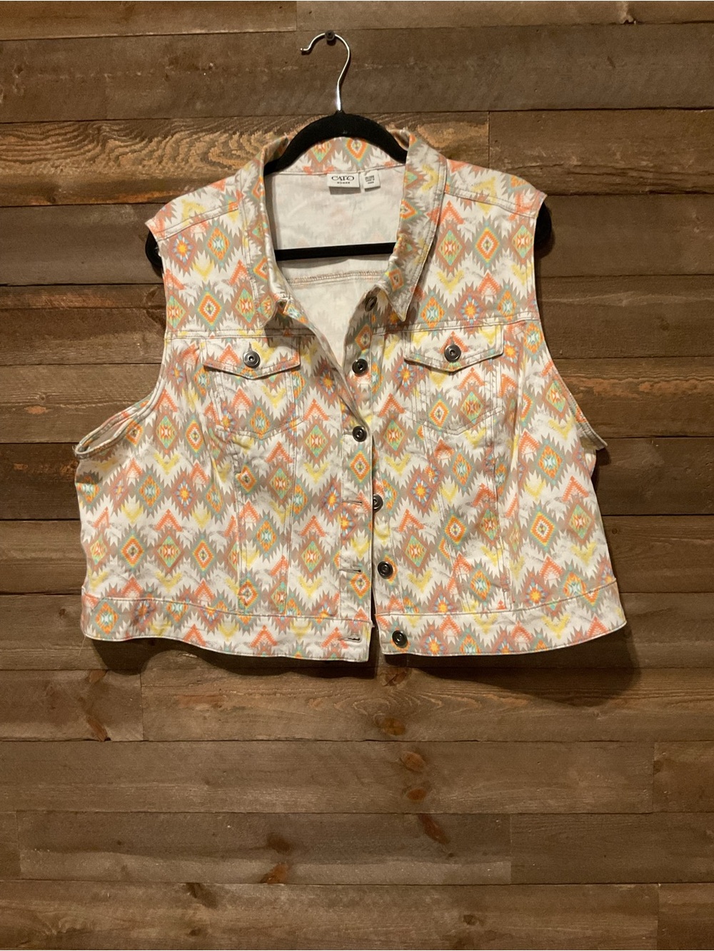 Cato Woman Jean Vest Womens Orange Tan  Southwestern Aztec Print Size 26/28W